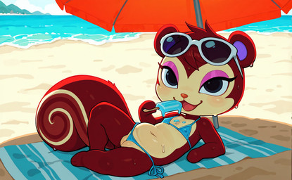 anthro beach beach_towel bikini blue_bikini blue_clothing blue_swimwear bodily_fluids brown_body camel_toe clothing dessert dripping_popsicle eyewear eyewear_on_head female food ice_cream makeup micro_bikini mirakelpung parasol popsicle sea seaside seductive slightly_chubby solo sunglasses sunglasses_on_head sweat swimwear towel water animal_crossing nintendo pecan_(animal_crossing) mammal rodent sciurid tree_squirrel