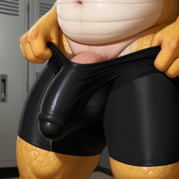 anthro balls bodily_fluids bottomwear bulge clothing duo genital_fluids genitals locker_room male navel penis precum shorts solo vein veiny_penis anonymous_director nintendo super_mario_bros bowser koopa scalie hi_res