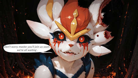 ambiguous_gender anthro black_sclera blood blood_on_face blue_body bodily_fluids creepy creepy_smile crying dialogue fire fur gore looking_at_viewer open_mouth plant red_eyes smile solo speech_bubble talking_to_viewer tears teeth text tree white_body white_fur towersmash nintendo pokemon cinderace generation_8_pokemon lagomorph mammal pokemon_(species) english_text