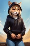 anthro blonde_hair bottomwear brown_eyes clothing denim denim_clothing female fluffy_ears hair hoodie jeans pants smile solo topwear mindry tabby_(mindry) cougar felid feline mammal