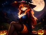 anthro breasts cleavage closed_smile clothed clothing cosmicelement felid female full_moon fur green_eyes hair halloween hat headgear headwear hi_res jack-o'-lantern jewelry legwear looking_at_viewer mammal moon necklace night orange_body orange_fur orange_hair outside pantherine shirt sitting solo thigh_highs tiger topwear witch_hat