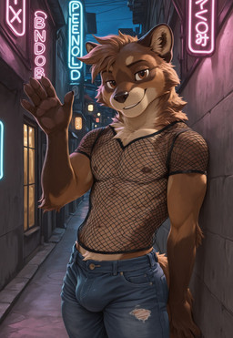 alley anthro bottomwear brown_body brown_eyes bulge city clothing denim denim_clothing fishnet fishnet_clothing fishnet_topwear fur gesture jeans looking_at_viewer male mohawk neck_tuft neon neon_lights night nipples outside pants pawpads smile standing tan_body tan_fur topwear tuft waving waving_at_viewer window ratori gulonine mammal marten mustelid musteline pine_marten hi_res