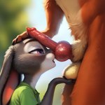 absurd_res animal_genitalia animal_penis anthro ball_fondling balls bodily_fluids canid canine canine_genitalia canine_penis duo ears_down erection faceless_character faceless_male female fingers fondling fox fur genital_fluids genitals grey_body grey_fur hi_res judy_hopps knot lagomorph leaking_precum leporid male male/female mammal navel nick_wilde open_mouth orange_body penis penis_on_face pivoted_ears precum rabbit side_view tamrad tongue zootopia