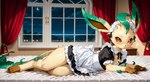 bedroom clothing dress female feral lying maid_uniform night paws solo uniform dolphinfox_(director) nintendo pokemon eeveelution generation_4_pokemon leafeon pokemon_(species) hi_res