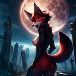 anthro black_nose breasts cemetery female fog full_moon fur hair hand_on_leg looking_at_viewer moon nipples open_mouth raised_tail red_body red_eyes red_fur seductive solo tombstone zoe_(nnecgrau) canid canine canis mammal