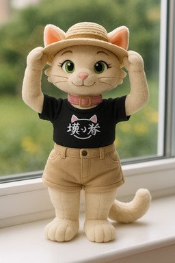 anthro black_clothing black_shirt black_topwear bottomwear clothing collar female green_eyes hat headgear headwear logo_on_clothing photorealism pink_collar pink_ears pink_nose plushie shirt shorts solo topwear whiskers bahufaru maud_(bahufaru) domestic_cat felid feline felis mammal hi_res