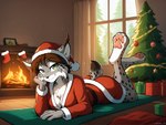 anthro christmas christmas_clothing christmas_headwear christmas_tree clothing costume feet feet_up female fireplace foot_focus hat headgear headwear inside legwear looking_at_viewer plant santa_costume santa_hat santa_suit solo stockings tree mercrantos alice_reed_(twokinds) felid feline lynx mammal invalid_tag hi_res