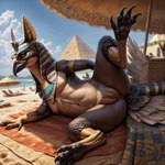 anthro anus beach beak bird_feet bird_legs clothing egyptian egyptian_clothing egyptian_headdress female genitals looking_at_viewer lying on_side pussy pyramid raised_leg scuted_legs scutes seaside seductive solo spread_legs spreading talons birdlover avian bird absurd_res hi_res