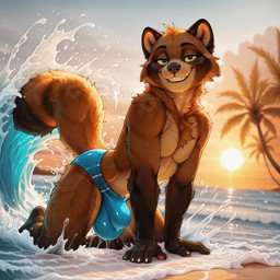 anthro ball_bulge beach_background brown_body brown_fur bulge clothing facial_markings fur green_eyes head_markings kneeling looking_at_viewer male markings mask_(marking) sea smile solo speedo swimwear water wet sagemane_(director) tenebris canid canine mammal raccoon_dog tanuki hi_res yiffinhell_(model)