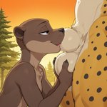 ambiguous_gender animal_genitalia anthro ball_fondling balls bedroom_eyes belly bodily_fluids brown_body brown_eyes brown_fur brown_nose brown_spots chest_tuft claws crotch_focus crotch_tuft dripping duo dusk face_in_sheath fellatio fondling forest fur genital_fluids genitals holding_balls male male/male molkeunkemoxl_(model) muscular muscular_male narrowed_eyes navel nude oral orange_sky outdoor_nudity outside outside_sex pawpads paws penetration penile plant precum precum_drip saliva saliva_drip seductive sex sheath sheath_penetration sheath_play side_view size_difference slim spots spotted_body spotted_fur tan_belly tongue tongue_in_sheath tree tuft whisker_spots yellow_body yellow_fur scoutr cheetah felid feline lutrine mammal mustelid cel_shading hi_res shaded