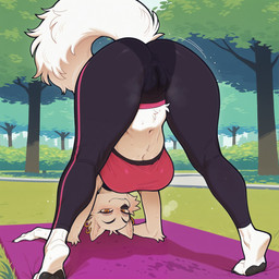 ass_up barefoot bedroom_eyes big_breasts big_butt blush bodily_fluids bottomwear bra breasts butt camel_toe claws clothed clothing detailed_background dripping ear_piercing ear_ring feet female flexible fluffy fluffy_tail fur genital_fluids genital_outline grass jewelry legwear looking_at_viewer looking_back looking_through looking_through_legs midriff musk musk_clouds narrowed_eyes navel outside pants pawpads paws piercing plant presenting presenting_hindquarters pussy_juice pussy_juice_drip pussy_juice_on_ground pussy_juice_through_clothing pussy_outline rear_view ring_piercing seductive smile soles solo sports_bra stretching sweat sweaty_body tail tight_bottomwear tight_clothing toes topwear tree tuft underwear upside_down wet wet_clothing white_body white_fur yellow_eyes yoga yoga_mat yoga_pants unknown_director canid canine canis domestic_dog mammal nordic_sled_dog samoyed spitz hi_res