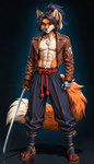 anthro black_hair black_sclera blue_eyes brown_clothing brown_jacket brown_topwear clothing facial_hair goatee hair high_ponytail jacket katana leather leather_clothing leather_jacket leather_topwear male melee_weapon ponytail prosthetic rope samurai solo sword topwear warrior weapon djar17 canid canine fox mammal absurd_res hi_res