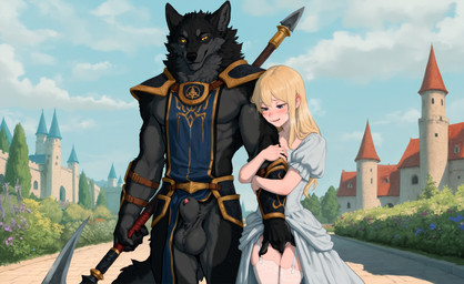 anthro armor blonde_hair blue_eyes blush bodily_fluids castle clothing dress drooling duo female female_on_anthro fingering fingers flower hair human_on_anthro interspecies lace legwear male male/female melee_weapon plant saliva size_difference sky stockings walking weapon yellow_eyes anotheranon canid canine canis human mammal wolf hi_res