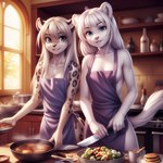 anthro apron apron_only breasts clothing cooking duo felid female female/female food fur kitchen looking_at_viewer magacitl mammal mostly_nude smile smiling_at_viewer