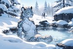 anthro bathing black_ears blue_eyes breasts chest_tuft countershading damion_moore felid female fluffy_body fluffy_ears fur grey_body grey_fur hot_spring leopard_spots mammal pantherine pink_nose plant snow snow_leopard solo spots spotted_body spotted_fur tree tuft water whiskers white_body white_countershading