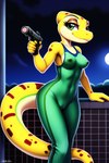 anthro athletic athletic_female breasts camel_toe chikais clothing colorful digital_media_(artwork) eyelashes female gecko green_clothing green_eyes gun jumpsuit lizard long_tail looking_at_viewer night nipple_outline nipples non-mammal_breasts non-mammal_nipples novelai outside ranged_weapon reptile scales scalie smile solo standing watermark weapon yellow_body yellow_scales