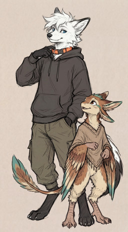 4_ears anthro black-tipped_ears blue_eyes bottomwear brown_body brown_eyes brown_feathers clothing collar digitigrade duo feathers female fluffy fur head_tuft hoodie male male/female multi_ear pants poncho romantic romantic_couple simple_background size_difference teal_feathers topwear tuft white_body white_fur wholesome_content youssefalsuccjeeda avali canid canine fox mammal absurd_res hi_res portrait sketch