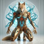 anthro bing_image_creator celestial_body cybernetic_limb cybernetics dall-e_3 detailed_background evolution_(transformation) glowing glowing_eyes halo machine male photorealistic red_eyes science_fiction solo transformation goldanthrowolf trigem canid canine canis cyborg luphra'nite mammal wolf