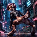 anthro anus brown_body brown_fur butt cervid clothed clothing cloven_hooves cyberpunk female fur genitals gilkardex hair hi_res hooves jacket leather leather_clothing leather_jacket leather_topwear looking_at_viewer mammal mohawk partially_clothed pink_hair punk pussy scut_tail seductive short_tail solo spots spotted_body spotted_fur teal_eyes topwear white_spots