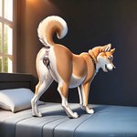 absurd_res all_fours animal_genitalia animal_pussy bed bedroom bodily_fluids canid canine canine_genitalia canine_pussy canis collar cum cum_drip cum_in_pussy cum_inside domestic_dog dripping female feral furniture genital_fluids genitals hi_res in_heat looking_at_viewer looking_back looking_back_at_viewer mammal presenting pussy raised_tail shiba_inu solo spitz tail_up unknown_director