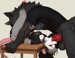 4_toes 5_fingers 69_position animal_genitalia animal_penis anthro anthro_on_anthro anthro_penetrated anthro_penetrating anthro_penetrating_anthro balls bedroom_eyes big_balls big_knot big_penis black_body black_clothing black_fur black_shirt black_t-shirt black_topwear blush bodily_fluids bottomless bottomless_female bottomless_male canine_genitalia canine_penis choker claws clothed clothing collar duo ear_piercing ear_ring erection facial_tuft feet fellatio female femboy fingers fur furniture genital_fluids genitals grey_body grey_fur hair interspecies irrumatio jewelry knot larger_male looking_pleasured lying male male/female male/male male_anthro male_penetrated male_penetrating male_penetrating_male muscular muscular_anthro muscular_male narrowed_eyes necklace on_back on_table oral oral_penetration paws penetration penile penis piercing pink_nose red_eyes red_penis red_sclera ring_piercing saliva seductive sex shirt simple_background size_difference smaller_female smaller_penetrated spiked_collar spikes standing t-shirt table tail tattoo text text_on_clothing text_on_topwear throat_swabbing tight_fit toes topwear topwear_only tuft until_it_snaps white_body white_fur anotheranon american_opossum canid canine canis didelphid mammal marsupial virginia_opossum werecanid werecanine werecreature werewolf wolf hi_res shaded