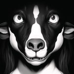 1:1 adroittheorist ambiguous_gender anthro black_and_white body_horror bovid bovine countershade_face countershading cow_spots detailed facial_markings fur hair head_markings headshot_portrait high_contrast implied_transformation looking_at_viewer mammal markings monochrome novelai open_mouth portrait scared simple_background solo teeth tongue