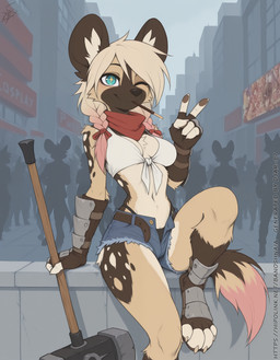 anthro armor boots bottomwear clothing cosplay crowd cutoffs denim denim_clothing female footwear gauntlets gesture gloves group hammer handwear highleg_panties one_eye_closed outside ragnarok_online red_bandana shirt shorts sitting solo tied_shirt tools topwear v_sign wink djar17 zahra_(djar17) african_wild_dog canid canine mammal absurd_res hi_res