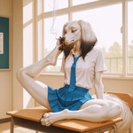 anthro blue_eyes cigarette classroom clothing desk feet female furniture necktie pawpads school school_uniform smoking solo table uniform anonymous_director canid canine canis domestic_dog hunting_dog mammal saluki sighthound absurd_res hi_res