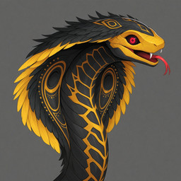 ambiguous_gender black_body black_feathers cybernetic_eye fangs feathers feral forked_tongue grey_background looking_at_viewer multicolored_body red_eyes scales simple_background solo tongue tongue_out two_tone_body yellow_body yellow_feathers tyto4tme4l e6ai mascot_2025 cobra feathered_scalie reptile scalie snake hi_res portrait