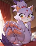 anthro bed bed_sheet bedding bedroom blush bra butt claws clothing feet female foot_focus fur furniture nervous panties pawpads paws purple_body purple_fur solo toe_claws toes underwear window anonymous_director sonic_the_hedgehog_(series) blaze_the_cat felid feline mammal hi_res