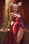 anthro backstage black_nose breasts brown_eyes clothed clothing curtains deer_ears deer_nose dress female fluffy fluffy_tail fur looking_at_viewer pose red_clothing red_dress scut_tail short_tail solo standing teeth tight_clothing yiffybee cervid cervine mammal absurd_res hi_res