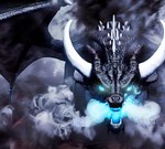 black_body black_scales blue_eyes cave detailed_scales feral horn male scales smoke smoke_from_mouth solo spines spread_wings wings loganth dragon detailed hi_res