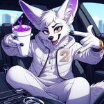 amber_eyes anthro beverage canid canine car clothing drugs fennec fox lucifluffy male mammal solo vehicle wilek