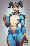 abstract_background anthro black_lips bulge claws clothing deathclaw fallout femboy hi_res hoodie_(hood_man5) horn humanoid lips male nipples sharp_teeth solo teeth unzipped vault_tech_jumpsuit