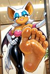 5_toes anthro armwear barefoot breasts cleavage clothed clothing detailed_background elbow_gloves eyeshadow feet female foot_focus fur gloves green_eyes handwear humanoid_feet lipstick looking_at_viewer makeup smile smiling_at_viewer soles solo tan_body tan_skin toes towel wet white_body white_fur wings anonymous_director sonic_the_hedgehog_(series) rouge_the_bat chiropteran mammal hi_res