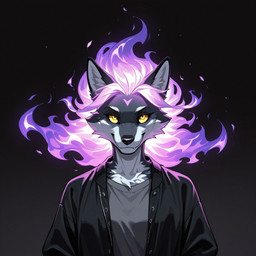 anthro black_background black_body black_clothing black_jacket black_topwear clothing female fire flaming_hair jacket looking_at_viewer pseudo_hair simple_background smile solo topwear yellow_eyes hoodie_(hood_man5) canid canine canis mammal wolf