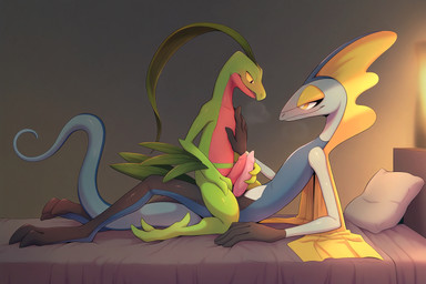 anthro bed bedroom_eyes breath_cloud dim_lighting duo erection frottage furniture genitals holding_penis inside light looking_at_another looking_at_partner looking_down male male/male narrowed_eyes penis seductive sex side_view sitting_on_another sunlight lightning7 nintendo pokemon generation_3_pokemon generation_8_pokemon grovyle inteleon pokemon_(species) full-length_portrait hi_res portrait