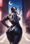 alley anthro athletic athletic_anthro big_butt black_body black_skin bodily_fluids breasts butt city city_background claws curvy_figure dripping female grin hands_on_hips long_tongue looking_at_viewer looking_back looking_back_at_viewer markings moon night night_sky non-mammal_breasts open_mouth presenting presenting_hindquarters prompt rear_view saliva saliva_drip saliva_on_tongue saliva_string sharp_teeth side_boob sign smile smiling_at_viewer solo solo_focus symbol teeth text thick_thighs tongue tongue_out voluptuous voluptuous_female white_eyes wide_hips joe420 marvel she-venom venom_(marvel) alien humanoid monster symbiote hi_res