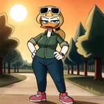 anatid annoyed anseriform anthro avian bangs beak bird blonde_hair bottomwear breasts button_(fastener) clock clothed clothing cloud9999 denim denim_clothing disney dress_shirt duck ducktales ducktales_(2017) eyebrows eyeliner eyewear eyewear_on_head feathers female footwear full-length_portrait fully_clothed goldie_o'gilt green_clothing green_eyes hair hand_on_hip hi_res jeans looking_at_viewer makeup narrowed_eyes non-mammal_breasts open_mouth orange_legs outside pants park pink_clothing pink_footwear plant ponytail portrait rolled_up_sleeves shirt shirt_collar shoes sneakers solo standing sunglasses thick_thighs tongue topwear tree undershirt watch white_body white_feathers white_skin