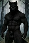 animal_genitalia anthro black_body black_fur black_nipples black_nose canid canine canis fluffy fully_sheathed fur genitals hi_res levian male mammal nipples nude purple_eyes sheath solo wolf