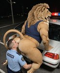 anal anthro butt car clothed clothing duo ear_piercing human_on_anthro interspecies male male/male mane oral outside partially_clothed piercing police_uniform realistic rimjob rimming sex shirt tail tank_top tongue tongue_out topwear uniform vehicle delken felid human lion mammal pantherine hi_res