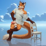 anthro baggy_clothing balls blue_eyes chair claws clothing cloud dragon_tail feet fingers floor furniture genitals horizon horn male penis sea sharp_teeth shirt sky solo t-shirt t-shirt_only teeth topwear water mugen_kuuhakuai canid canine fox hybrid mammal hi_res