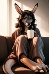 anthro baggy_clothing brown_hair clothing container cup digitigrade female fur furniture green_eyes grey_body grey_fur hair hi_res holding_cup holding_object kangaroo looking_at_viewer macropod mammal marsupial messy_hair morning oldhroft on_sofa shaded sitting sitting_on_sofa smile sofa soft_shading solo