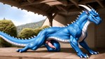 absurd_res blue_body blue_scales bodily_fluids bumblebee95 cum cum_drip detailed detailed_background dragon dripping feral genital_fluids genitals hi_res knot male muscular penis realistic scales scalie solo