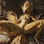 absurd_res avian beak bird birdlover breasts feathered_crest feathered_wings feathers female generation_1_pokemon genitals head_crest hi_res legendary_pokemon looking_at_viewer pokemon_(species) presenting pussy scuted_arms scutes solo spread_legs spread_wings spreading tail_feathers winged_arms wings yellow_body yellow_eyes yellow_feathers zapdos