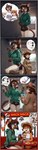 anthro biped blue_eyes booth bottomwear breasts brown_eyes clothing duo eyewear female food glasses gynomorph hallway hat headgear headwear inner_ear_fluff intersex pictographics prick_ears restaurant shorts smelly tuft anonymous_director invoke_high felid feline mammal mouse murid murine rodent absurd_res hi_res