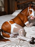 anatomically_correct anatomically_correct_anus anatomically_correct_genitalia anus bed clothed clothed_feral clothing clothing_aside crossdressing feral furniture garter_belt garter_straps genitals hooves legwear looking_at_viewer lying lying_on_bed male mask on_bed on_side panties panties_aside puffy_anus solo translucent translucent_clothing translucent_legwear underwear underwear_aside goldendog equid equine mammal hi_res