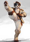 anthro breasts cerinil clothed clothing exposed_breasts female genitals hi_res high_kick kick looking_at_viewer mammal martial_arts_uniform nipples no_underwear pandaren pawpads peach_pussy pussy raised_leg shoulder_pads smile solo sportswear ursid white_body world_of_warcraft