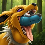 bodily_fluids duo fangs feral male neck_bulge swallowing tears tongue vore thedavid nintendo pokemon eeveelution generation_1_pokemon generation_4_pokemon jolteon lucario pokemon_(species) hi_res