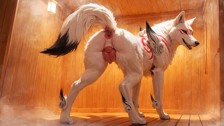 animal_genitalia animal_pussy anus black_tail_tip canine_genitalia canine_pussy female feral fur genitals looking_back markings pussy red_markings sauna solo standing steam white_body white_fur crimson_fenrir_(director) okami_(capcom) amaterasu_(okami) canid canine canis mammal wolf hi_res